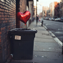 Red heart shaped balloon in the container. Minimal love concept.	