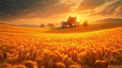Fototapeta premium Sunset over golden wheat field with house.