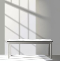 Fototapeta premium Minimalist White Table Bathed in Soft Sunlight Casting Shadows on a Textured Wall in a Serene Modern Space