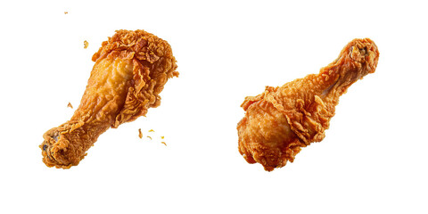 Set of Golden fried chicken drumstick with yellow brown skin floating in air on transparent  background