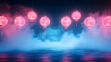 Glowing pink lanterns hanging in blue smoky scene, reflecting on glossy floor.