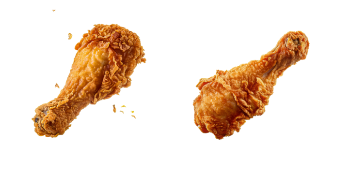 Set of Golden fried chicken drumstick with yellow brown skin floating in air on transparent  background