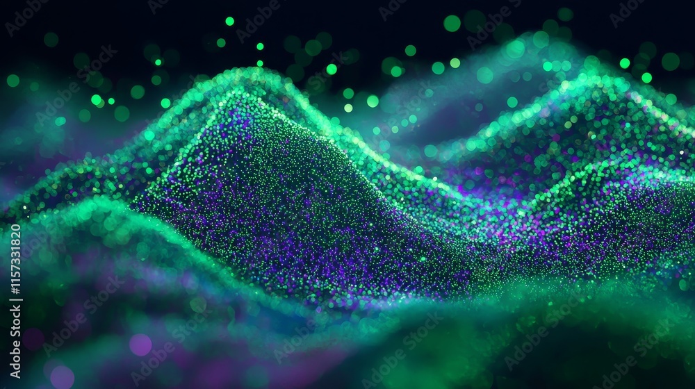 Poster vibrant green and purple particles creating a textured landscape with soft, flowing curves in a dark