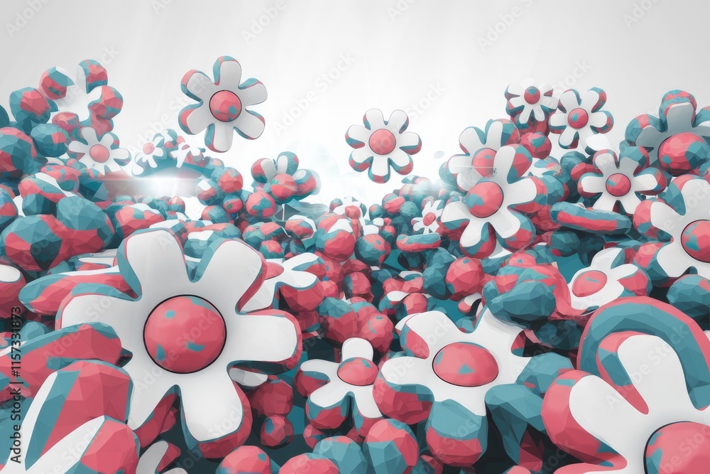 Aufkleber a vibrant 3d render of a field of polygonal flowers in shades of pink and teal, creating a cheerful 