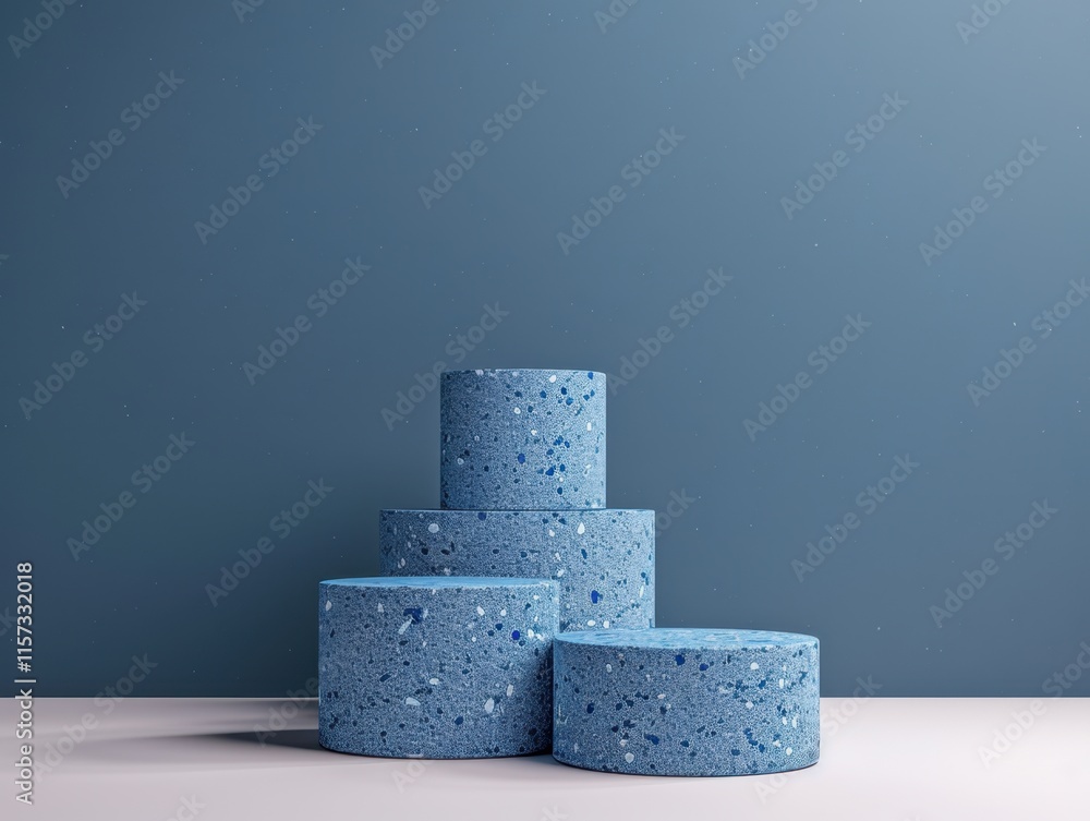 Poster a modern composition of stacked blue cylindrical objects against a textured wall, showcasing minimal