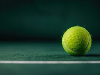 A close-up of a vibrant green tennis ball resting on a dark surface, highlighting its texture and the court's white line.