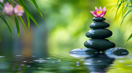 Fototapeta premium Zen stone stack with a pink lotus flower on calm water, surrounded by lush greenery, symbolizing balance, tranquility, mindfulness, and natural harmony in a serene setting