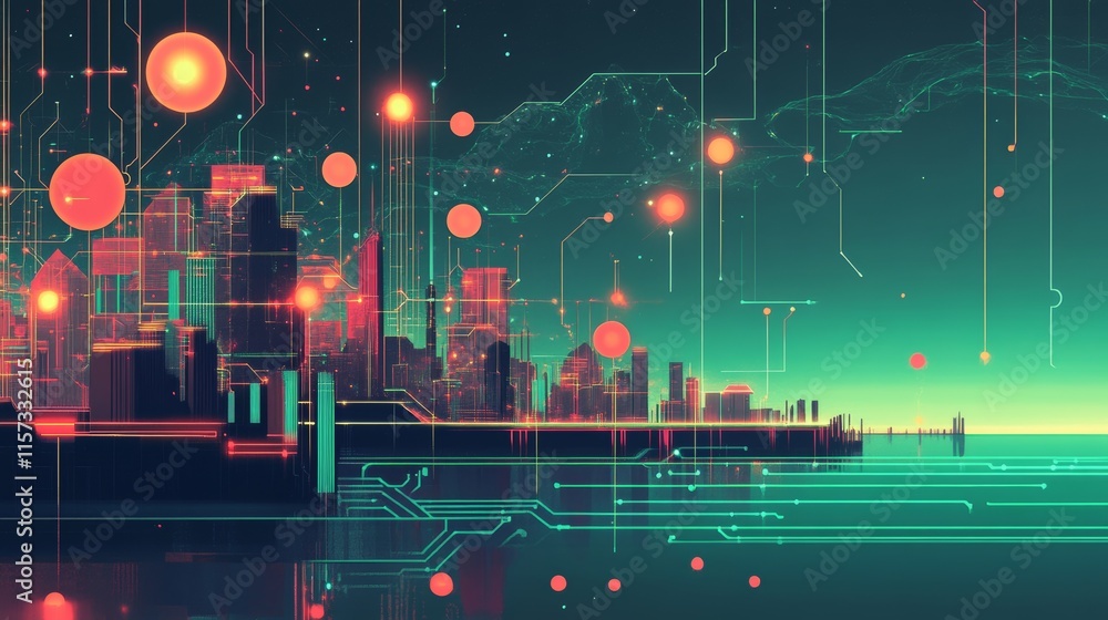 Aufkleber futuristic city skyline at dusk with glowing elements and circuit patterns highlighting advanced tec