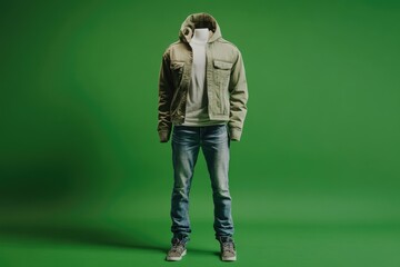Full length image of a male display mannequin wearing casual clothes isolated on a green background
