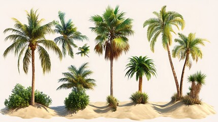 Fototapeta premium Tropical palm trees and shrubs sandy beach nature illustration