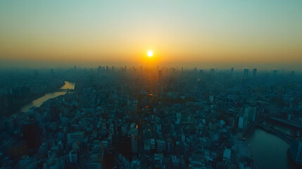 Fototapeta premium Aerial view of cityscape at sunset, sun setting over buildings and river.