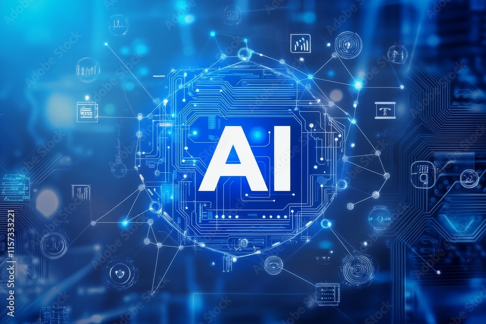 Poster conceptual representation of artificial intelligence with digital circuits and symbols illustrating 