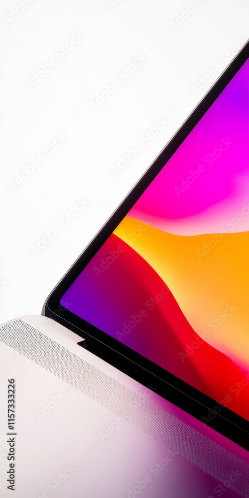 Poster crisp and vibrant laptop display showcasing dynamic colors and sleek design in a minimalist setting