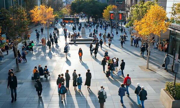 A bustling urban plaza filled with people enjoying leisure time and autumn scenery.