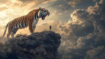 Fototapeta premium Tiger roars at sunset cliffs