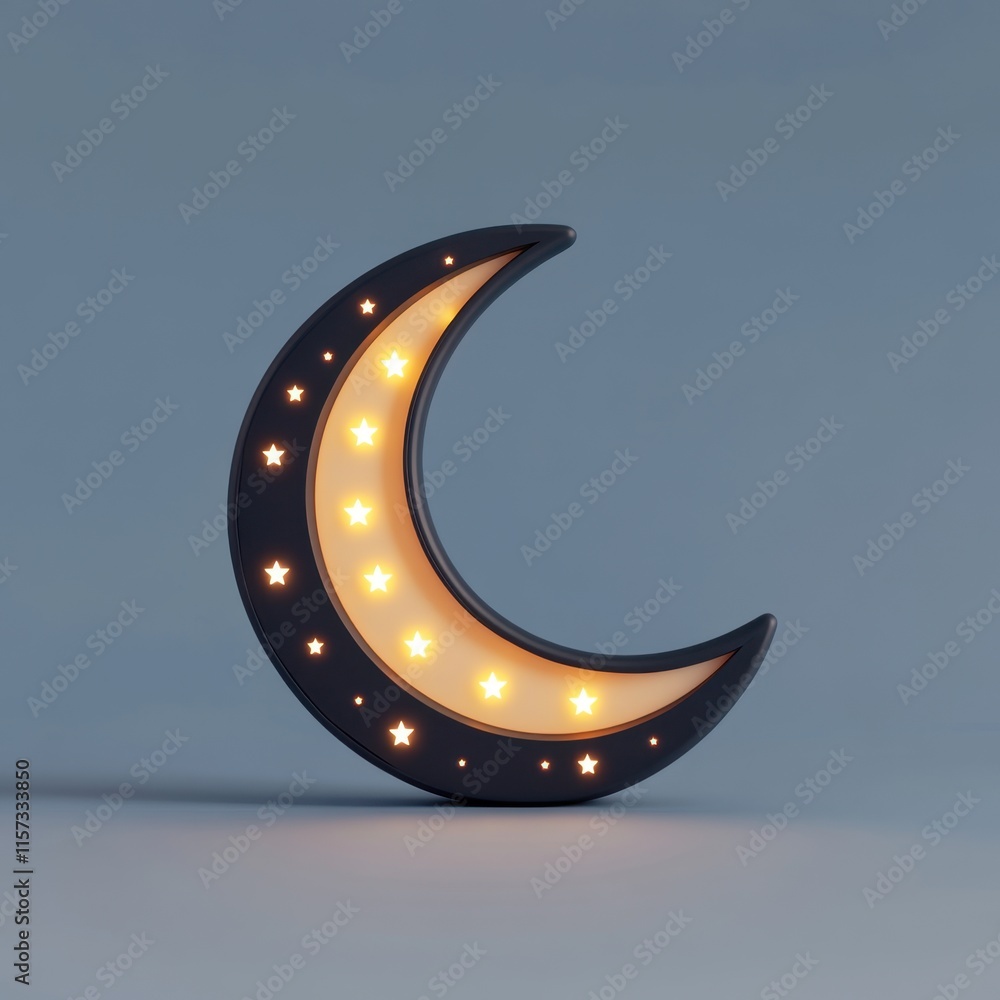 Poster a decorative crescent moon lamp illuminated with warm lights and set against a soft blue background,