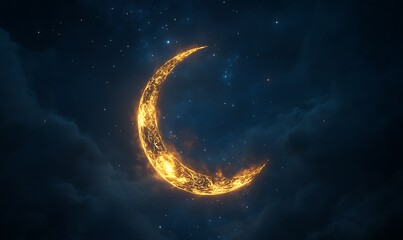 Fototapeta premium Fiery crescent moon in starry night sky.