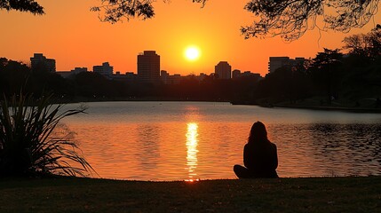 A person sitting peacefully by a lake at sunset, reflecting on their accomplishments and inner peace