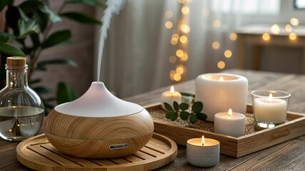 Wooden aroma diffuser spreading calming fragrance amidst lit candles, creating a peaceful and relaxing ambiance in a cozy home setting with warm, inviting lights in the background