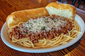 Fototapeta premium Spaghetti with Meat Sauce and Garlic Bread