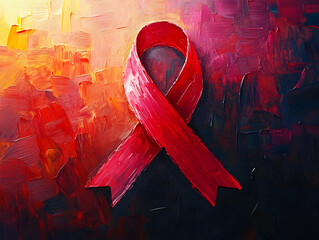 Red awareness ribbon painted on textured canvas.