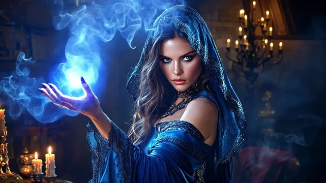 Enchanting sorceress in a blue cloak conjuring a glowing magical orb in a dimly lit, mystical setting with candles. 4K video