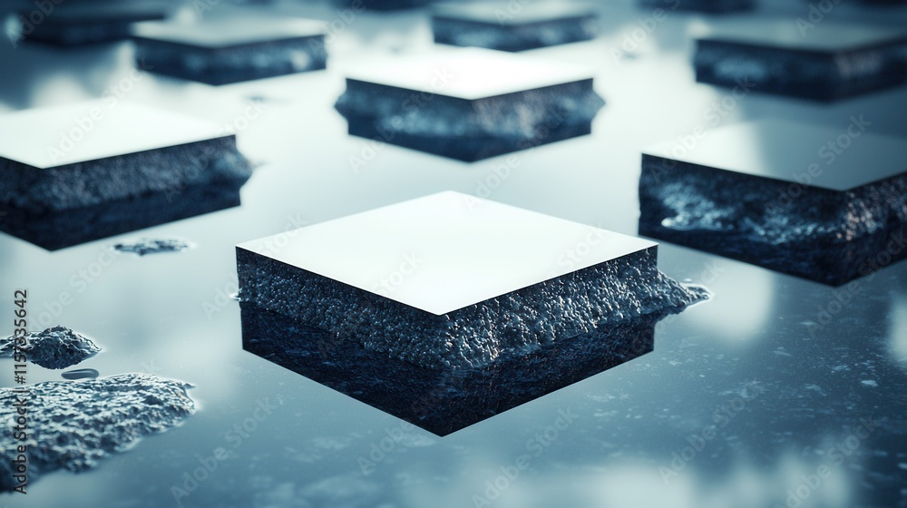 Leinwandbilder a futuristic scene featuring floating, reflective squares over a serene water surface, creating an a