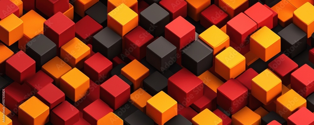 Poster a vibrant arrangement of cubes in red, yellow, orange, and black, creating an abstract, three-dimens
