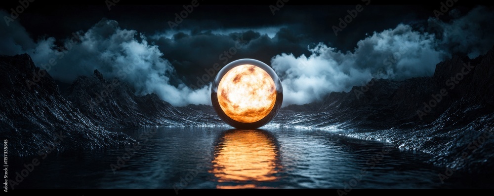 Poster a glowing orb illuminates a dark landscape, reflecting in still water, surrounded by clouds, creatin