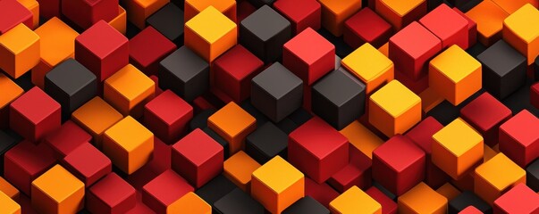 A vibrant arrangement of cubes in red, yellow, orange, and black, creating an abstract, three-dimensional pattern.
