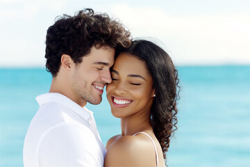 Obraz premium A joyful couple outdoors with a bright blue ocean behind them. Their happiness radiates, embodying love, connection, and natural beauty in a tropical setting.
