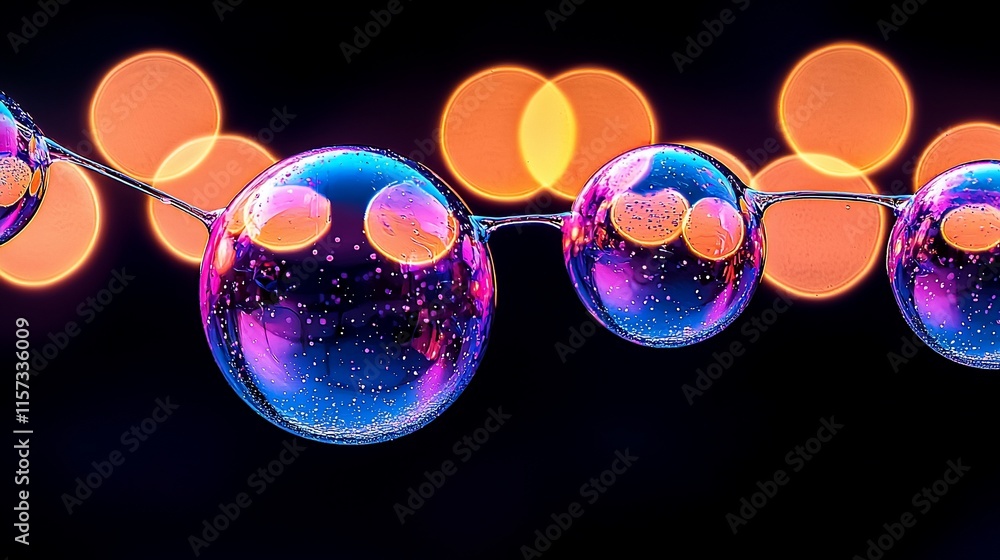 Poster connected iridescent bubbles with bokeh lights.