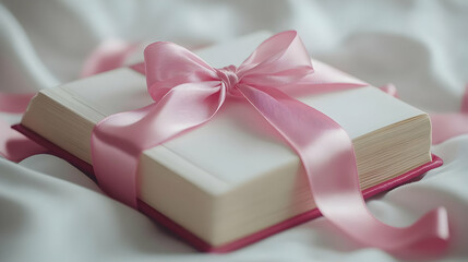 A book gift wrapped with a pink satin ribbon bow, resting on a white fabric.