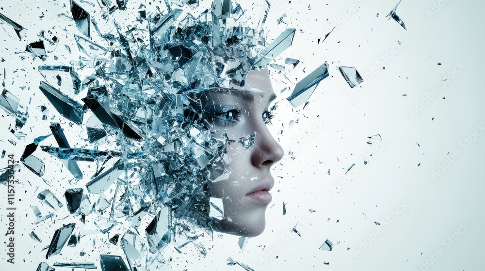 Poster a surreal depiction of a face emerging from shattered glass, symbolizing fragmentation and transform