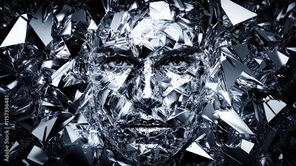Aufkleber a striking, abstract portrayal of a fragmented face emerging from a chaotic arrangement of reflectiv