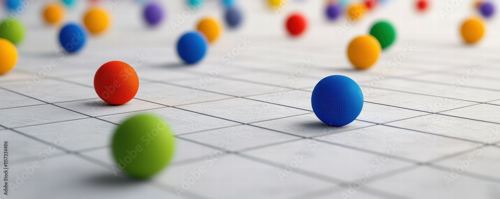Poster vibrant 3d rendering of colorful spheres in neural network web environment