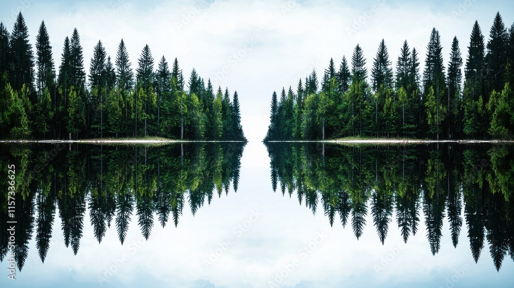 Poster a serene landscape featuring tall evergreen trees reflected in calm water under a cloudy sky.
