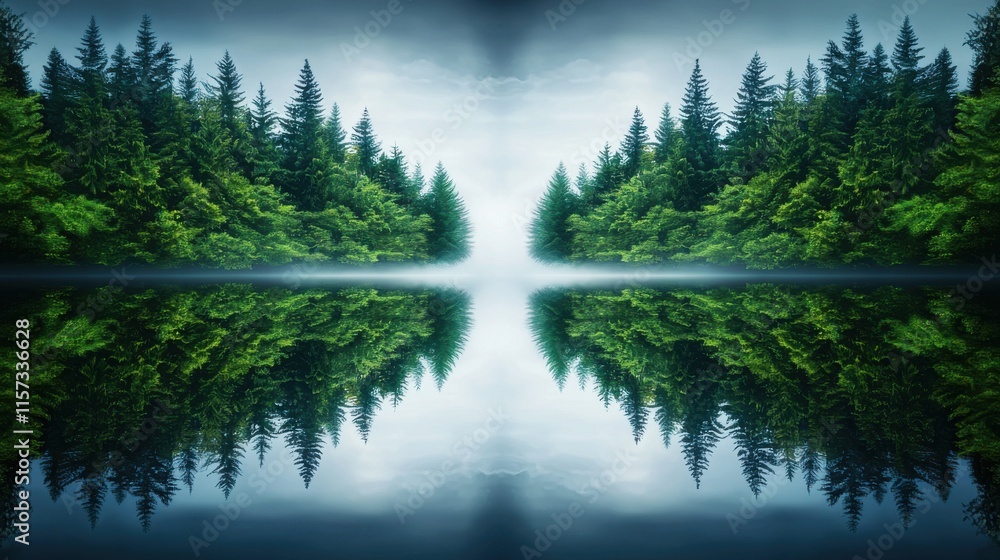 Poster a tranquil scene of dense evergreen trees reflected in a calm lake, evoking serenity and the beauty 