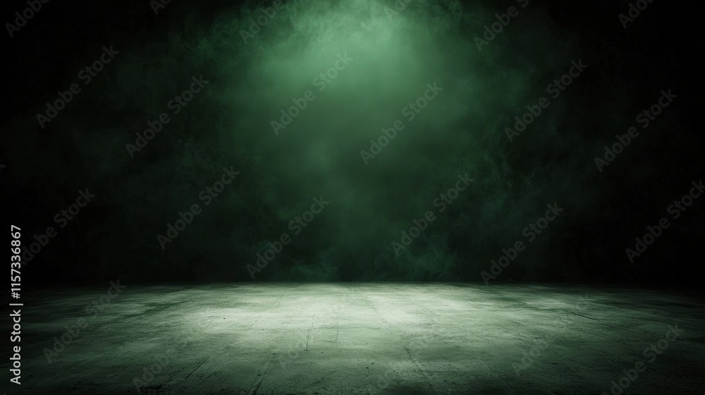 Aufkleber A dark, smoky stage illuminated by a green spotlight, creating a mysterious and atmospheric setting.