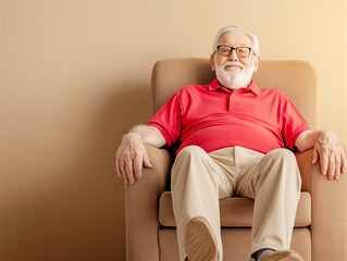 Elderly man with a cheerful expression sitting in a comfortable chair in a cozy interior. The image captures warmth, happiness, and contentment in old age.