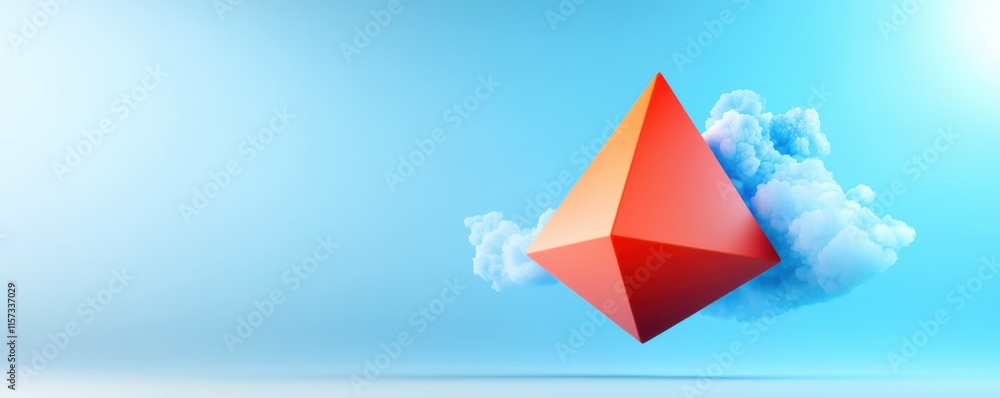 Poster a vibrant red pyramid floats above soft clouds against a serene blue background, creating a striking