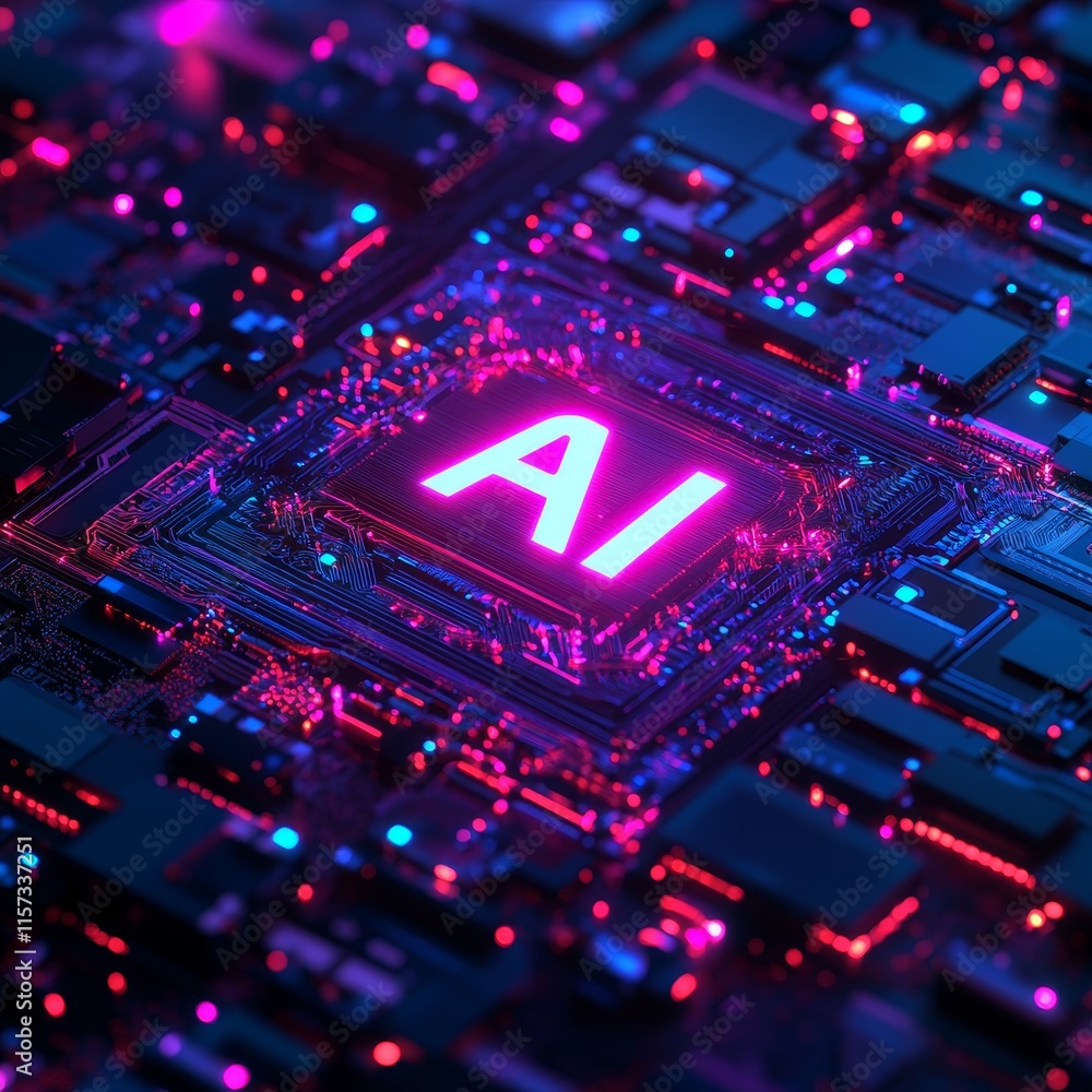 Poster electric circuit board with ai processor illuminated in vibrant colors and detailed electronic compo