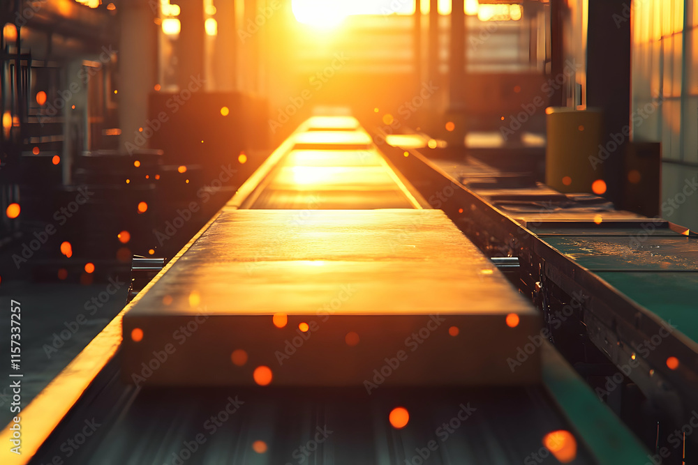 Poster sunset illuminates a factory conveyor belt carrying a large, rectangular object.
