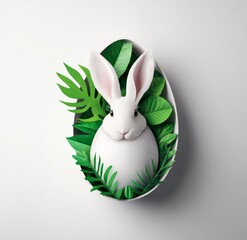 White Rabbit Nestled in Green Foliage Within an Oval Frame Creating a Whimsical and Vibrant Spring-Inspired Design for Easter Celebrations