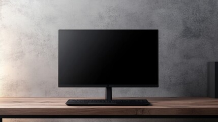 Modern Computer Monitor on a Minimalist Wooden Desk Against a Textured Gray Wall in a Contemporary Workspace