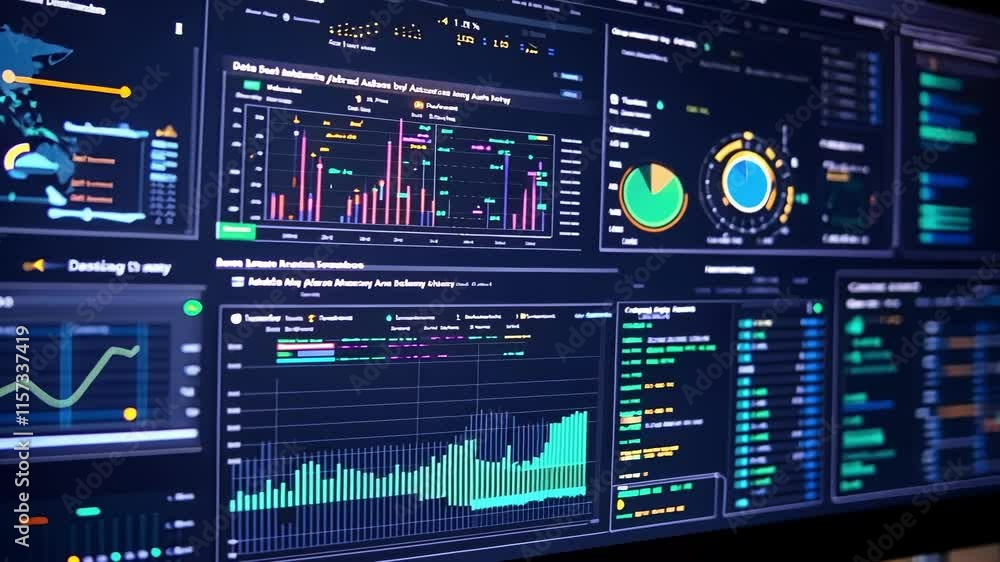 Poster a closeup of a digital screen displaying a realtime cybersecurity dashboard filled with alerts and a