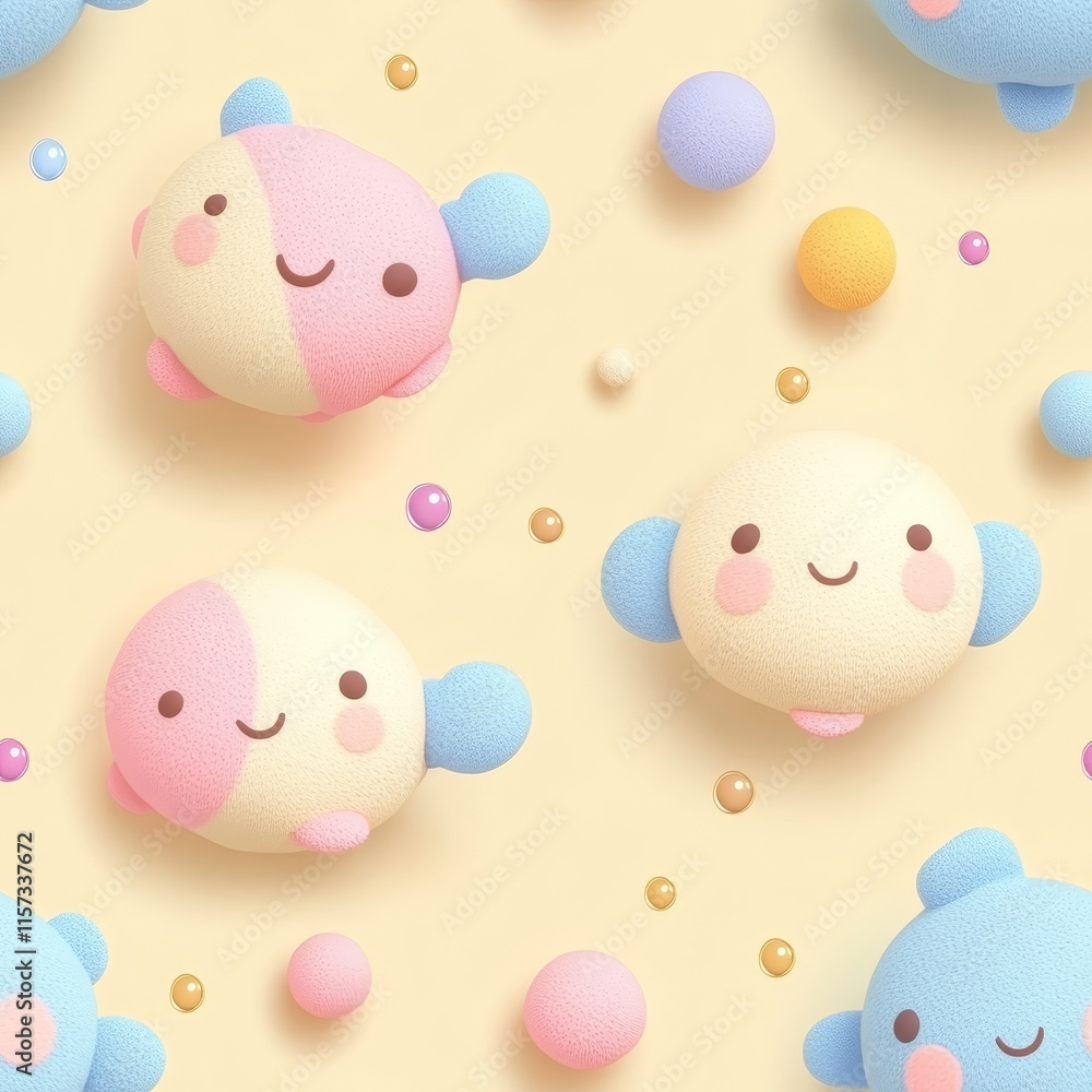 Poster cute pastel-colored round characters scattered across a soft yellow background create a playful and 