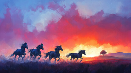 Fototapeta premium Galloping horses run through vibrant sunset, creating dynamic scene. colors blend beautifully, evoking sense of freedom and energy