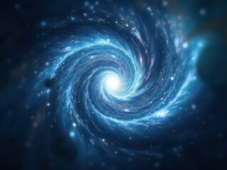 Spiral galaxy formation showcasing vibrant blue hues and luminous core in a vast cosmic landscape