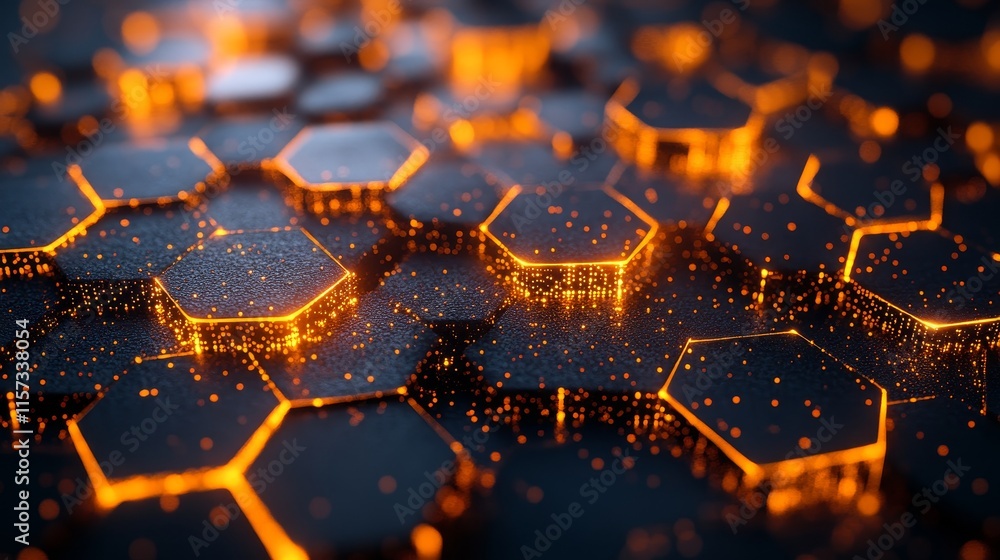 Fototapete abstract orange and black hexagonal pattern with glowing elements creating a dynamic and visually st